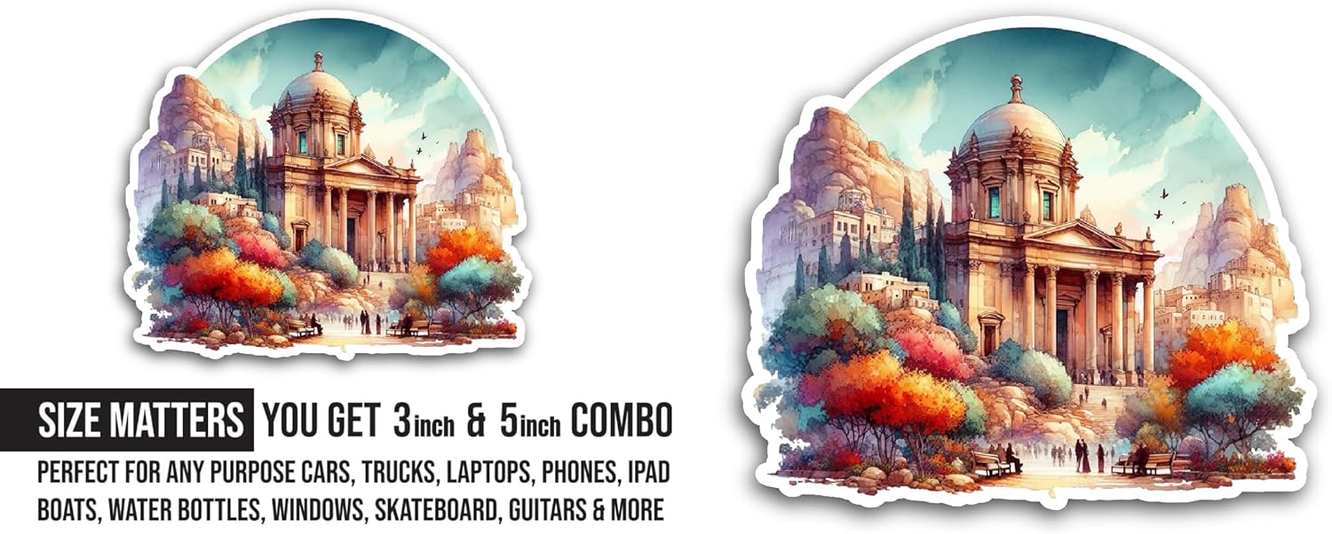 2 (Pieces) 3" and 5" Watercolor Roman Temple Sticker, Waterproof Vinyl Decals for Many Purpose Like Cars, Trucks, Laptops, Phones, Windows and More