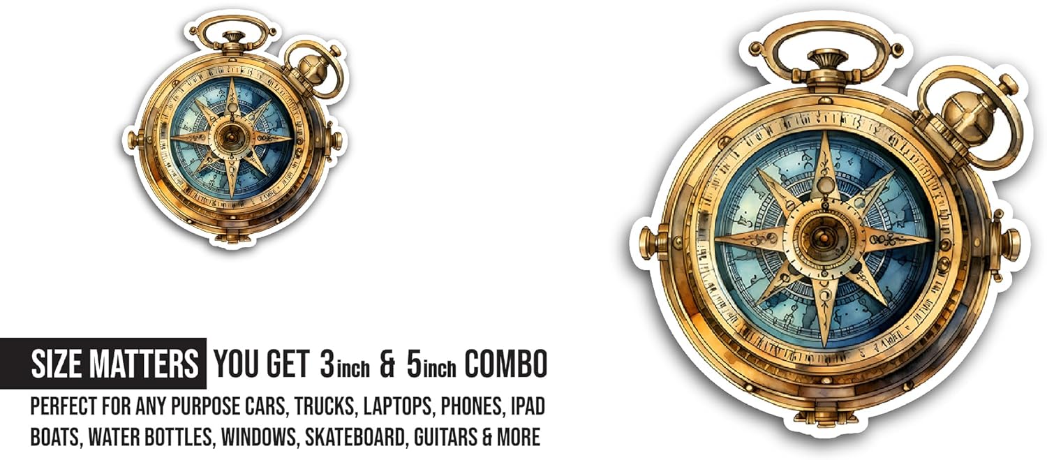 2 (Pieces) 3" and 5" Old Compass Sticker, Waterproof Vinyl Decals for Many Purpose Like Cars, Trucks, Laptops, Phones, Windows and More