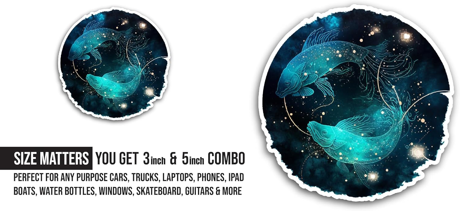 2 (Pieces) 3" and 5" Pisces Zodiac Sign Sticker, Waterproof Vinyl Decals for Many Purpose Like Cars, Trucks, Laptops, Phones, Windows and More