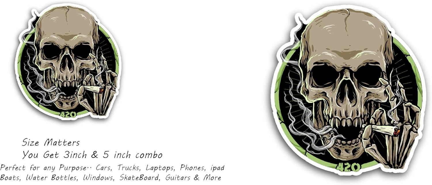 2 (Pieces) 3" and 5" Skull Smoking Cigarette Sticker, Waterproof Vinyl Decals for Many Purpose Like Cars, Trucks, Laptops, Phones, Windows and More