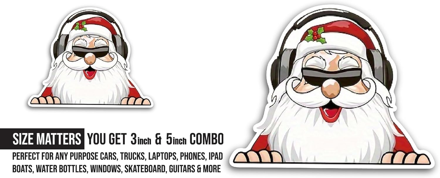 2 (Pieces) 3" and 5" Santa with Sunglasses Sticker, Waterproof Vinyl Decals for Many Purpose Like Cars, Trucks, Laptops, Phones, Windows and More