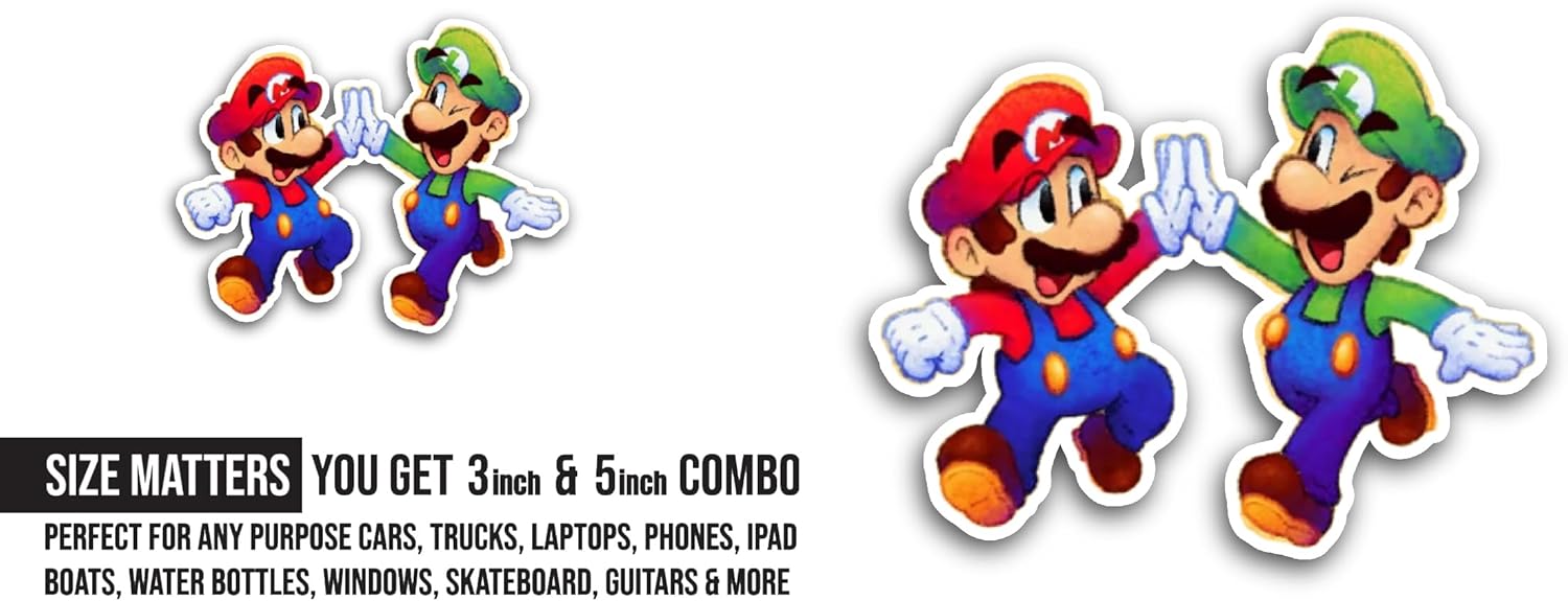 2 (Pieces) 3" and 5" Mari0 and Luig1 Sticker, Waterproof Vinyl Decals for Many Purpose Like Cars, Trucks, Laptops, Phones, Windows and More