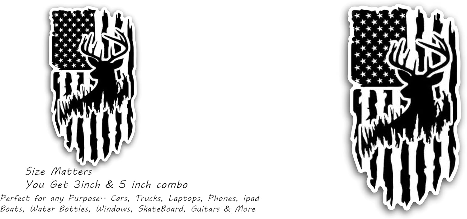 2 (Pieces) 3" and 5" Deer face Image with American Flag Background Decal Sticker, Waterproof Vinyl Decals for Many Purpose Like Cars, Trucks, Laptops, Phones, Windows and More