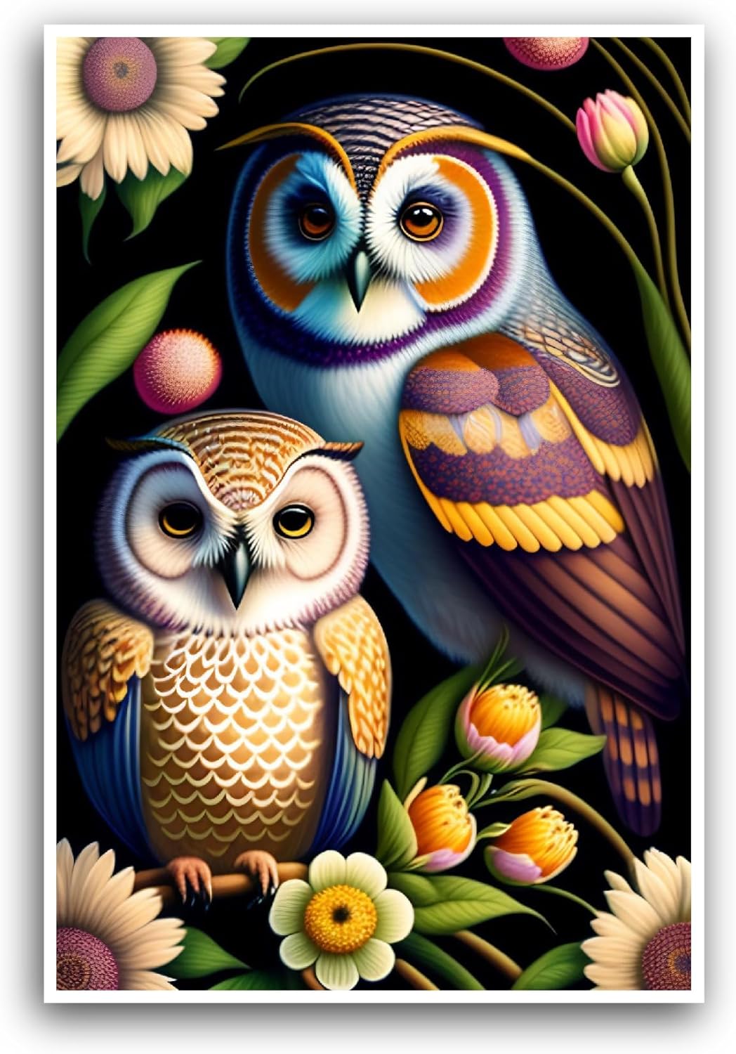 2 (Pieces) 3" and 5" Two Owls with Flowers Sticker, Waterproof Vinyl Decals for Many Purpose Like Cars, Trucks, Laptops, Phones, Windows and More