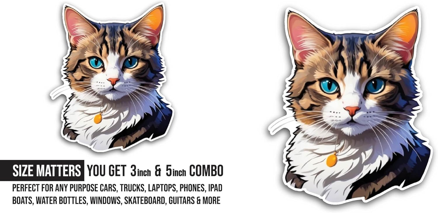 2 (Pieces) 3" and 5" Cat Portrait Sticker, Waterproof Vinyl Decals for Many Purpose Like Cars, Trucks, Laptops, Phones, Windows and More