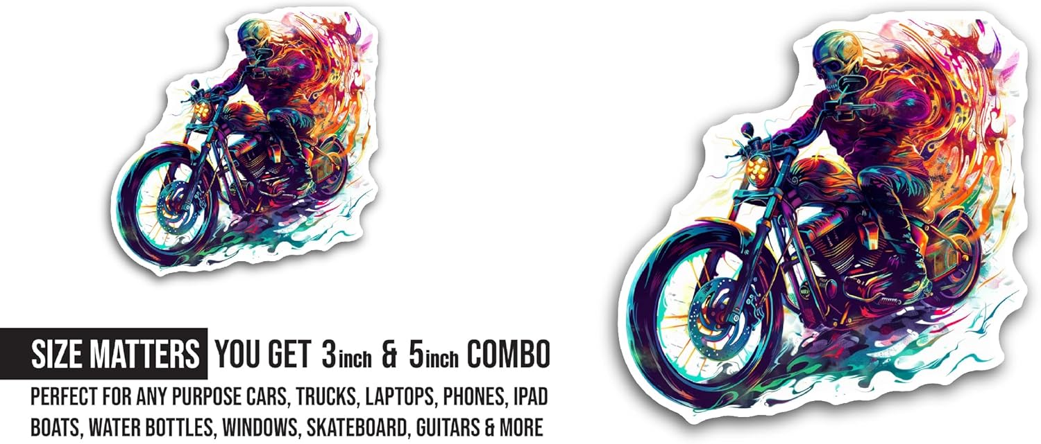 2 (Pieces) 3" and 5" Motorcycle in Flames Sticker, Waterproof Vinyl Decals for Many Purpose Like Cars, Trucks, Laptops, Phones, Windows and More