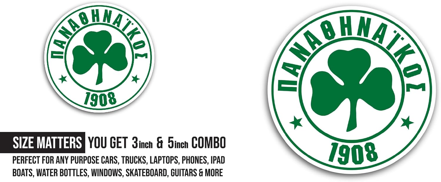 2 (Pieces) 3" and 5" Panathinaik0s Sticker, Waterproof Vinyl Decals for Many Purpose Like Cars, Trucks, Laptops, Phones, Windows and More