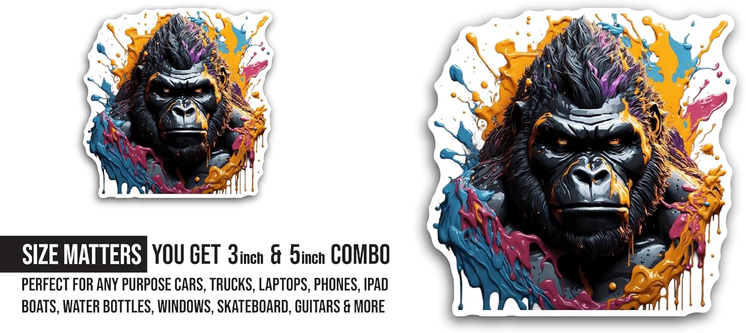 2 (Pieces) 3" and 5" Gorilla Sticker, Waterproof Vinyl Decals for Many Purpose Like Cars, Trucks, Laptops, Phones, Windows and More