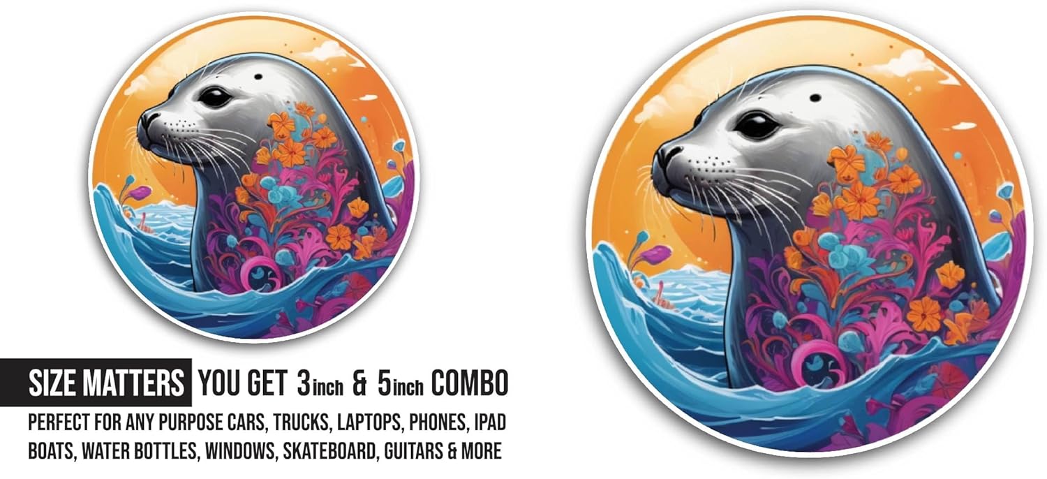 2 (Pieces) 3" and 5" Colorful Seal Sticker, Waterproof Vinyl Decals for Many Purpose Like Cars, Trucks, Laptops, Phones, Windows and More