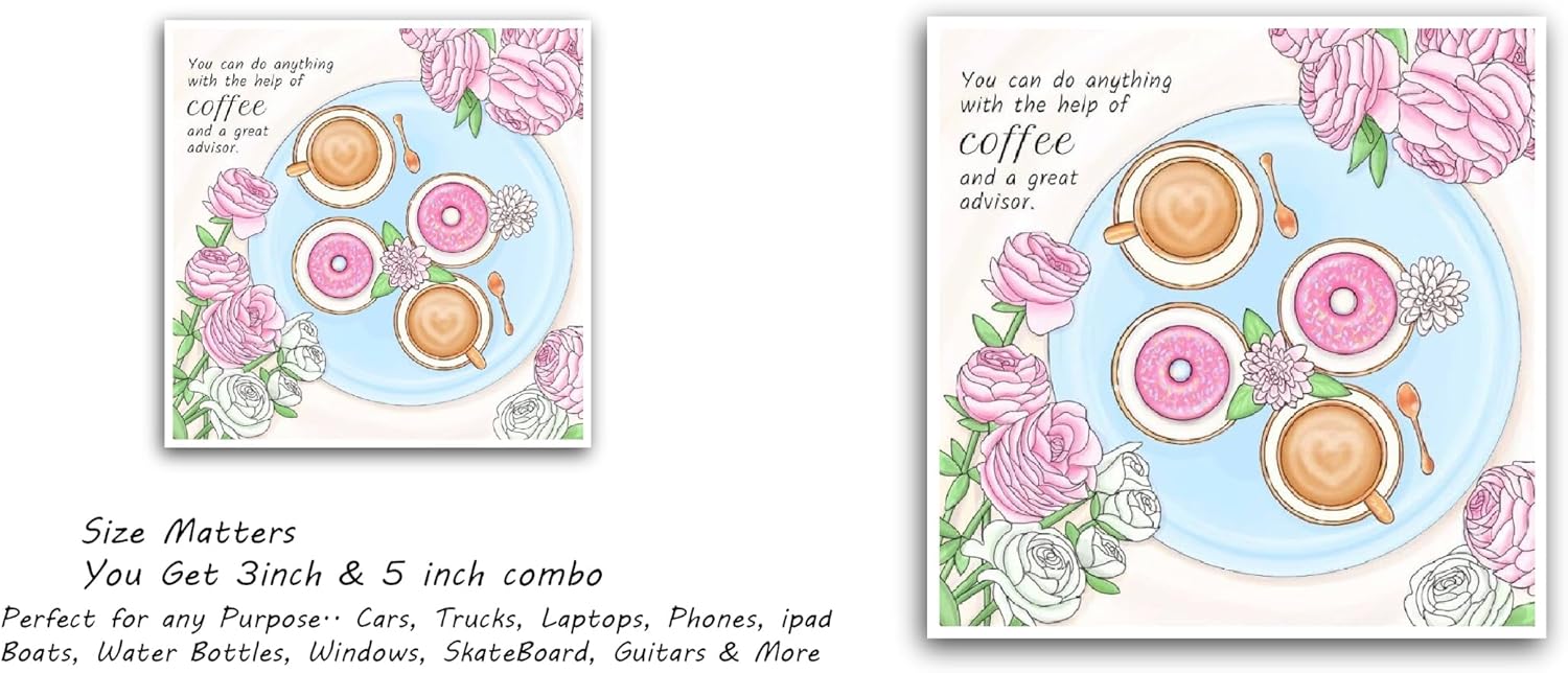 2 (Pieces) 3" and 5" Donuts and Coffee Cups Sticker, Waterproof Vinyl Decals for Many Purpose Like Cars, Trucks, Laptops, Phones, Windows and More