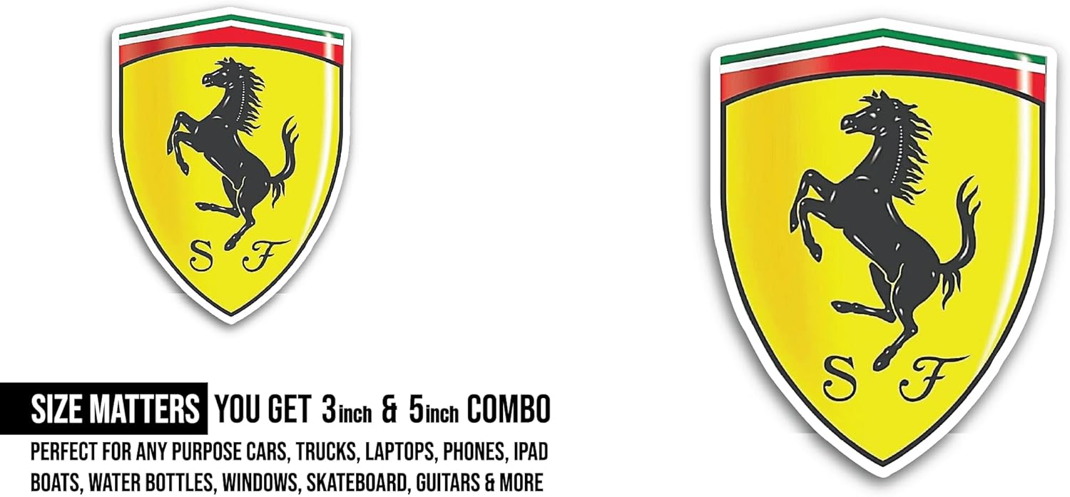 2 (Pieces) 3" and 5" F E R R A R I Logo Sticker, Waterproof Vinyl Decals for Many Purpose Like Cars, Trucks, Laptops, Phones, Windows and More