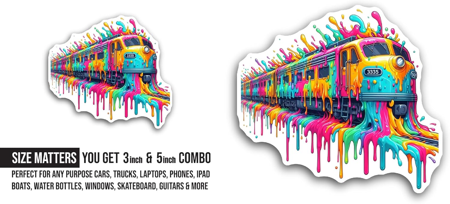 2 (Pieces) 3" and 5" Brightly Colored Train Sticker, Waterproof Vinyl Decals for Many Purpose Like Cars, Trucks, Laptops, Phones, Windows and More