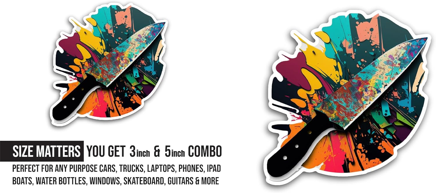 2 (Pieces) 3" and 5" Colorful Knife Sticker, Waterproof Vinyl Decals for Many Purpose Like Cars, Trucks, Laptops, Phones, Windows and More