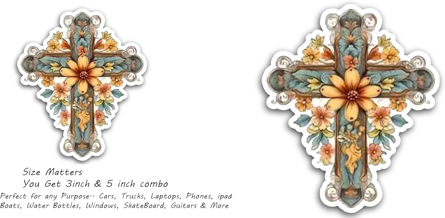 2 (Pieces) 3" and 5" Cross with Orange Flower at The Center Decal Sticker, Waterproof Vinyl Decals for Many Purpose Like Cars, Trucks, Laptops, Phones, Windows and More