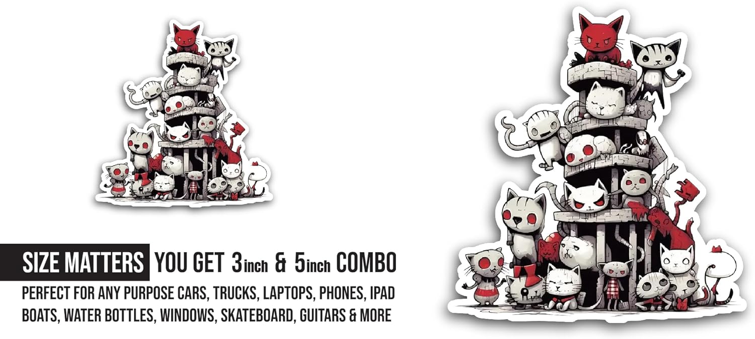 2 (Pieces) 3" and 5" Cats with Red Eyes Sticker, Waterproof Vinyl Decals for Many Purpose Like Cars, Trucks, Laptops, Phones, Windows and More