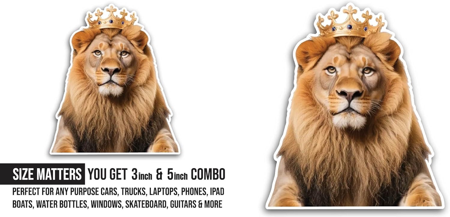 2 (Pieces) 3" and 5" Crowned Lion Sticker, Waterproof Vinyl Decals for Many Purpose Like Cars, Trucks, Laptops, Phones, Windows and More