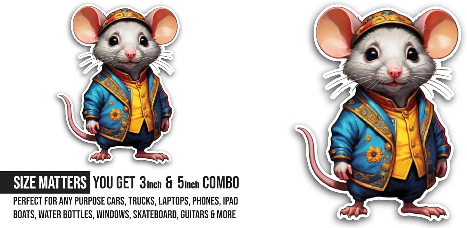2 (Pieces) 3" and 5" Cute Cartoon Mouse Sticker, Waterproof Vinyl Decals for Many Purpose Like Cars, Trucks, Laptops, Phones, Windows and More