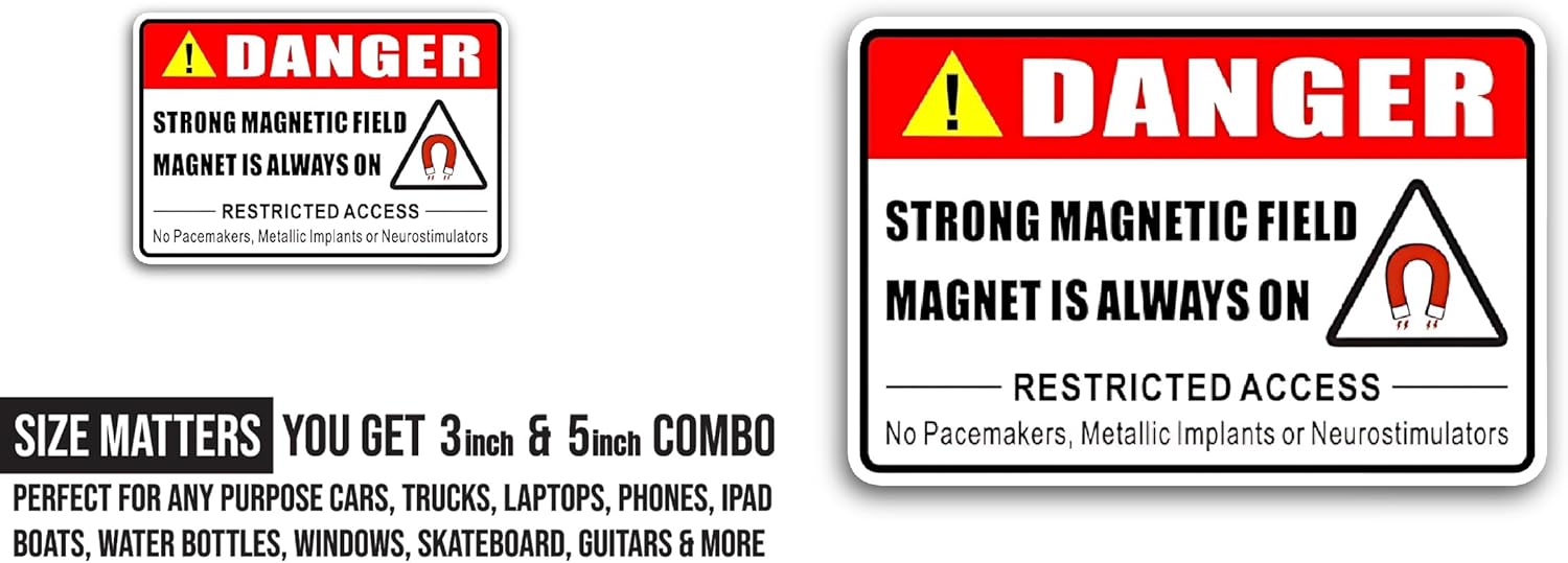 2 (Pieces) 3" and 5" Danger Strong Magnetic Field Symbol Sticker, Waterproof Vinyl Decals for Many Purpose Like Cars, Trucks, Laptops, Phones, Windows and More
