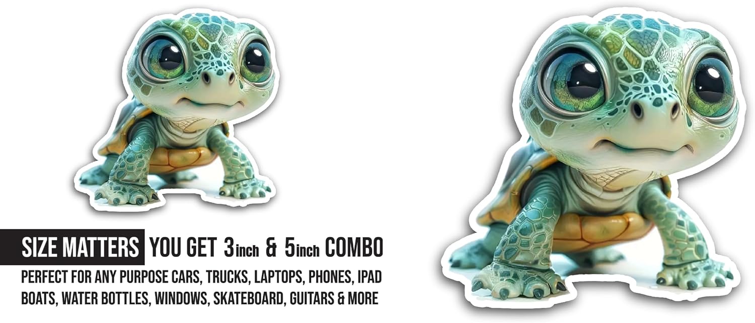 2 (Pieces) 3" and 5" Turtle Cartoon Sticker, Waterproof Vinyl Decals for Many Purpose Like Cars, Trucks, Laptops, Phones, Windows and More