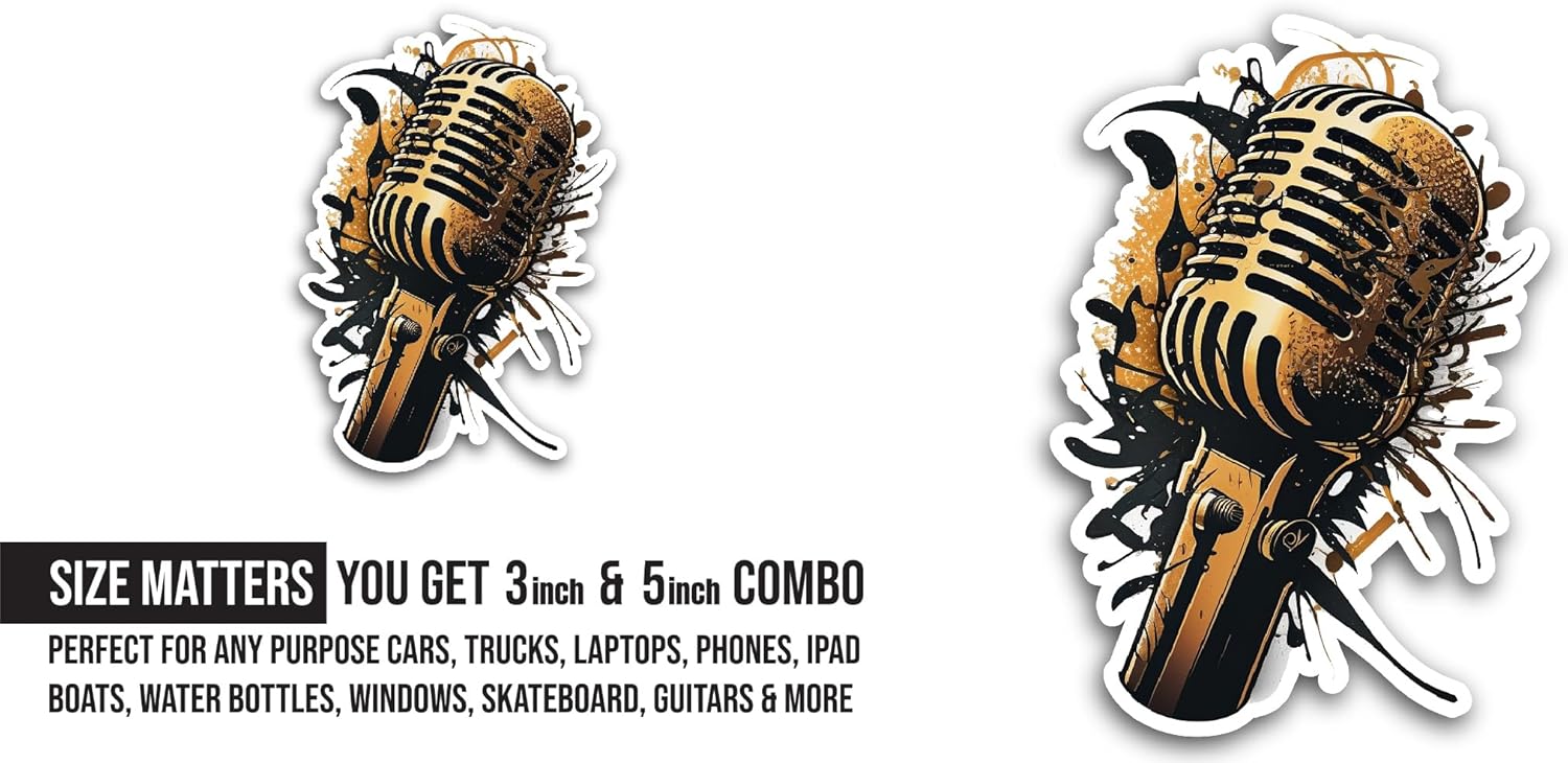 2 (Pieces) 3" and 5" Microphone Sticker, Waterproof Vinyl Decals for Many Purpose Like Cars, Trucks, Laptops, Phones, Windows and More