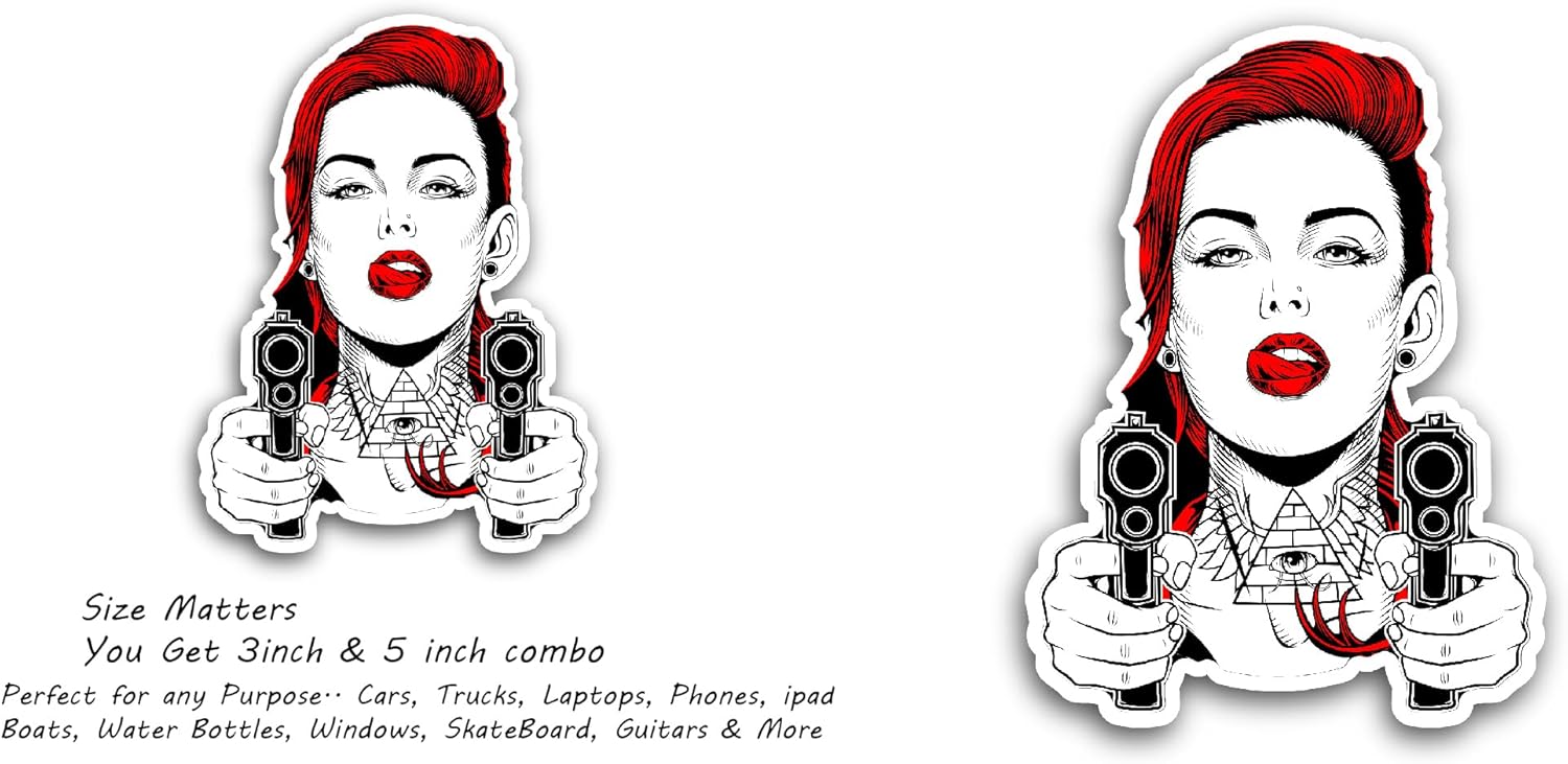 2 (Pieces) 3" and 5" Beautiful Woman Holding a Gun Hand Sticker, Waterproof Vinyl Decals for Many Purpose Like Cars, Trucks, Laptops, Phones, Windows and More