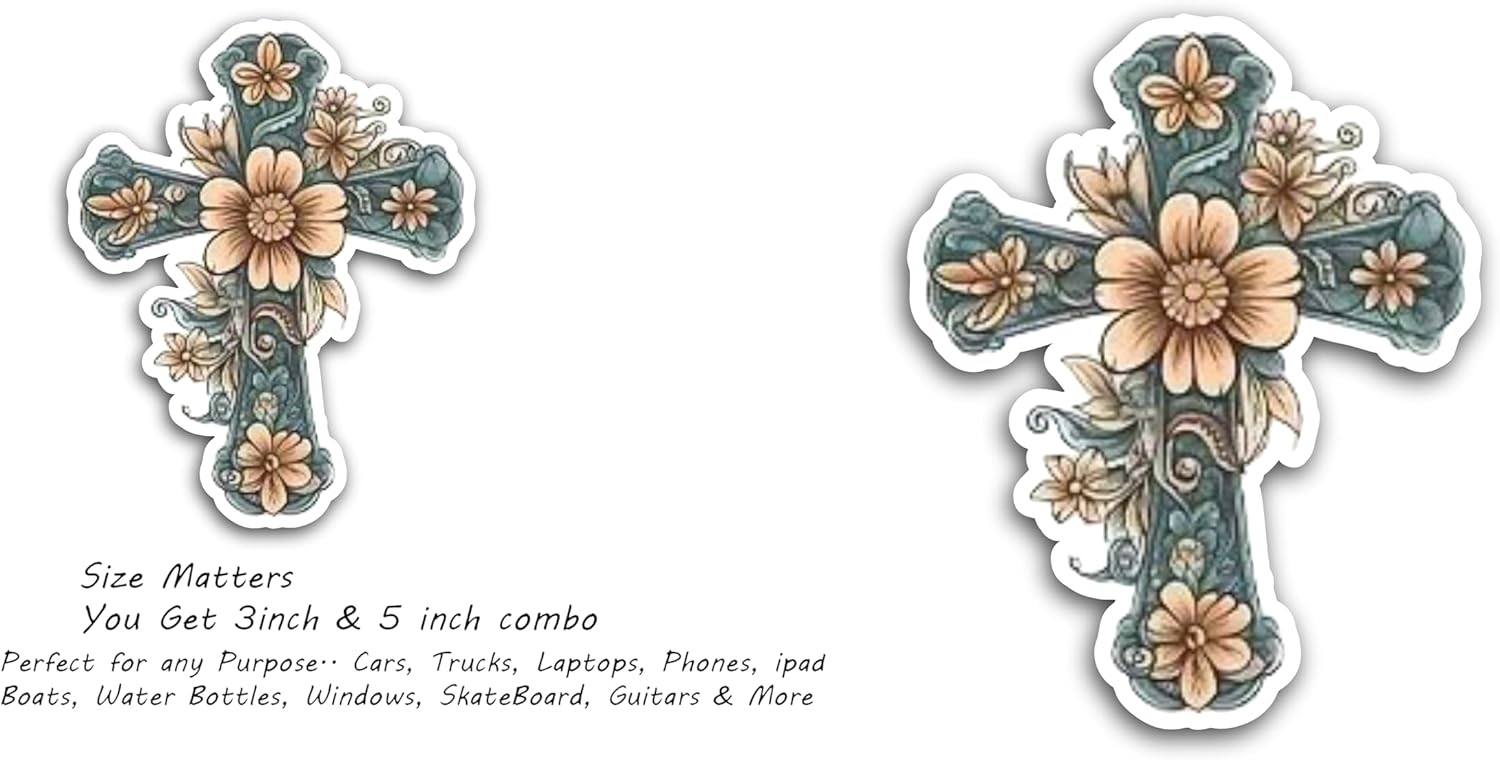 2 (Pieces) 3" and 5" Blue Cross with Orange Colour Flower at The Center Decal Sticker, Waterproof Vinyl Decals for Many Purpose Like Cars, Trucks, Laptops, Phones, Windows and More
