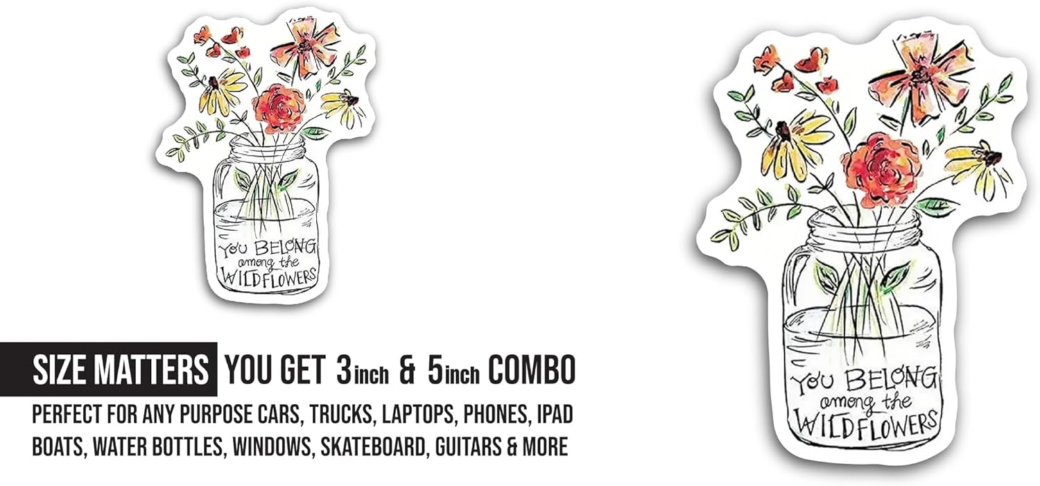 2 (Pieces) 3" and 5" Flowers in Glass Jar Sticker, Waterproof Vinyl Decals for Many Purpose Like Cars, Trucks, Laptops, Phones, Windows and More