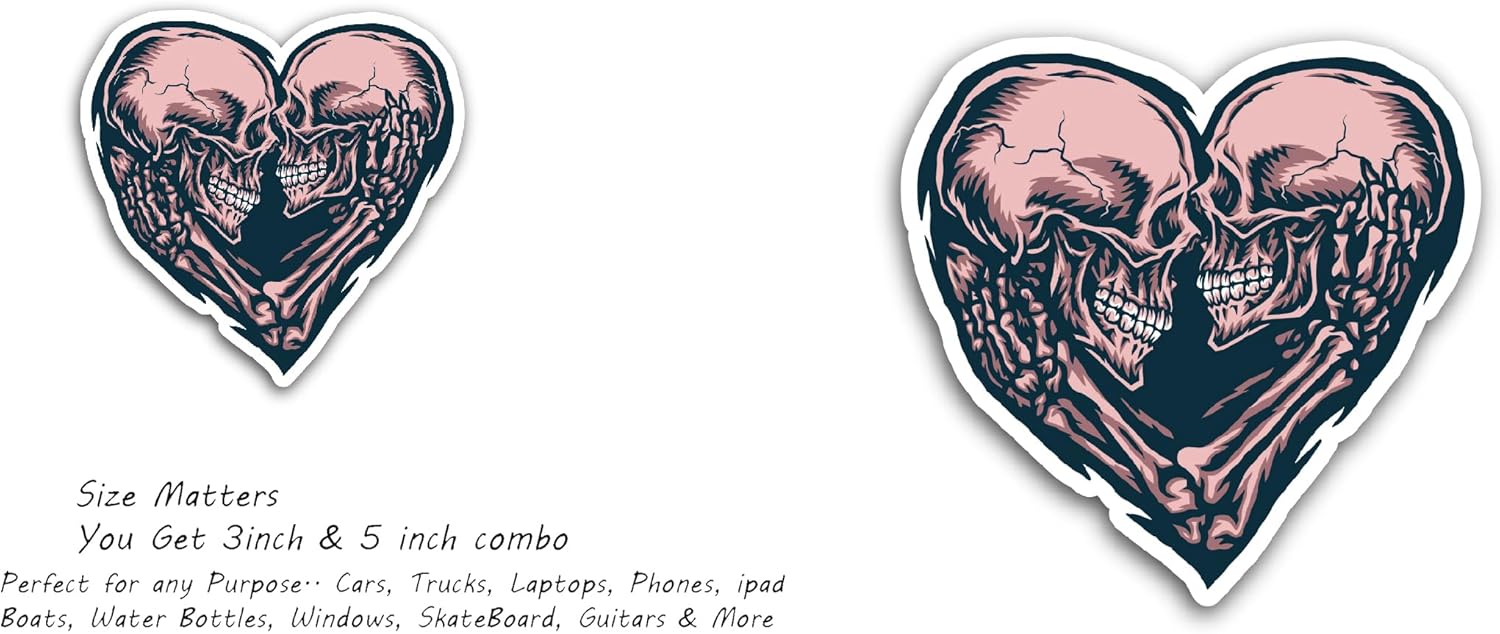 2 (Pieces) 3" and 5" Love Skull Couple, Waterproof Vinyl Decals for Many Purpose Like Cars, Trucks, Laptops, Phones, Windows and More