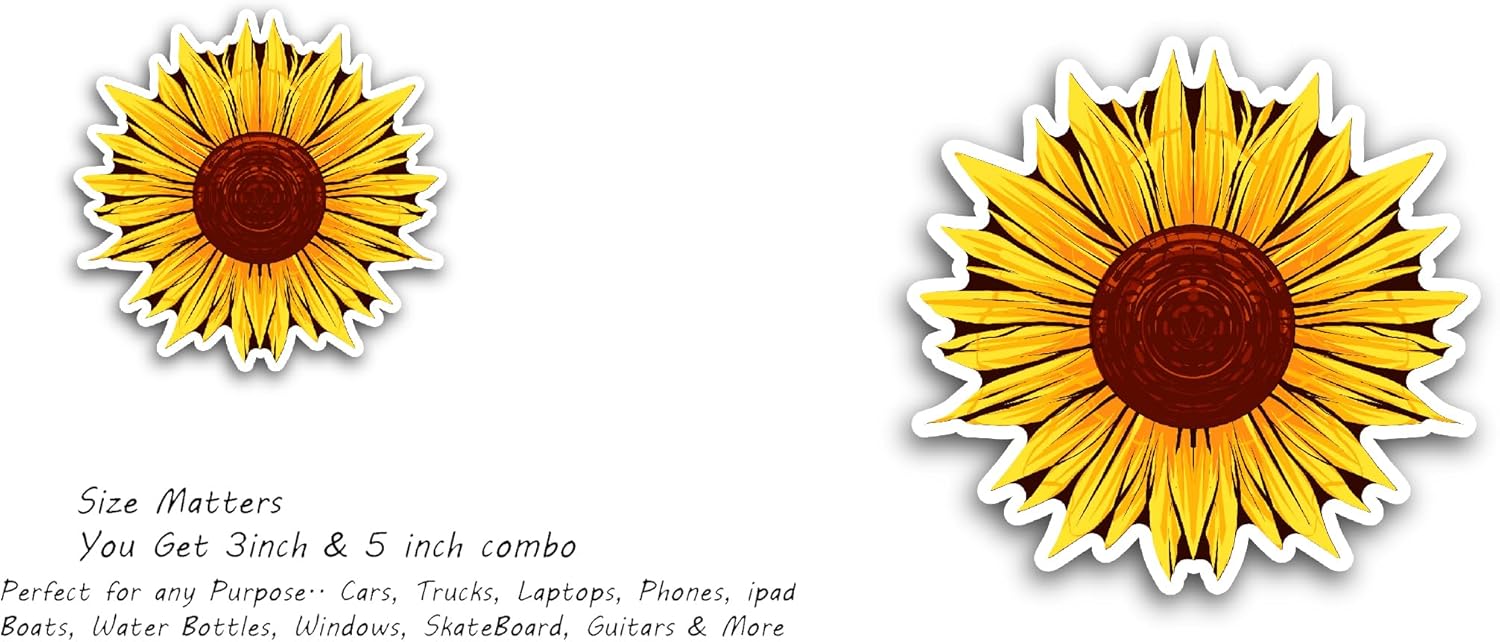 2 (Pieces) 3" and 5" Sunflower Vinyl Decals Sticker, Waterproof Vinyl Decals for Many Purpose Like Cars, Trucks, Laptops, Phones, Windows and More