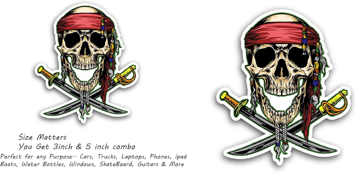 2 (Pieces) 3" and 5" Pirates Skull with Swords Sticker, Waterproof Vinyl Decals for Many Purpose Like Cars, Trucks, Laptops, Phones, Windows and More