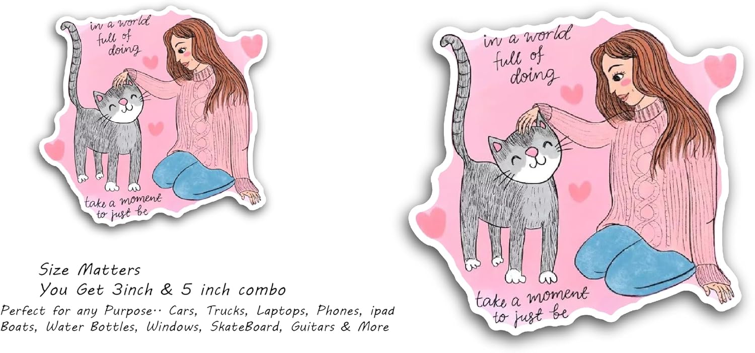 2 (Pieces) 3" and 5" Girl with A Cat Sticker, Waterproof Vinyl Decals for Many Purpose Like Cars, Trucks, Laptops, Phones, Windows and More