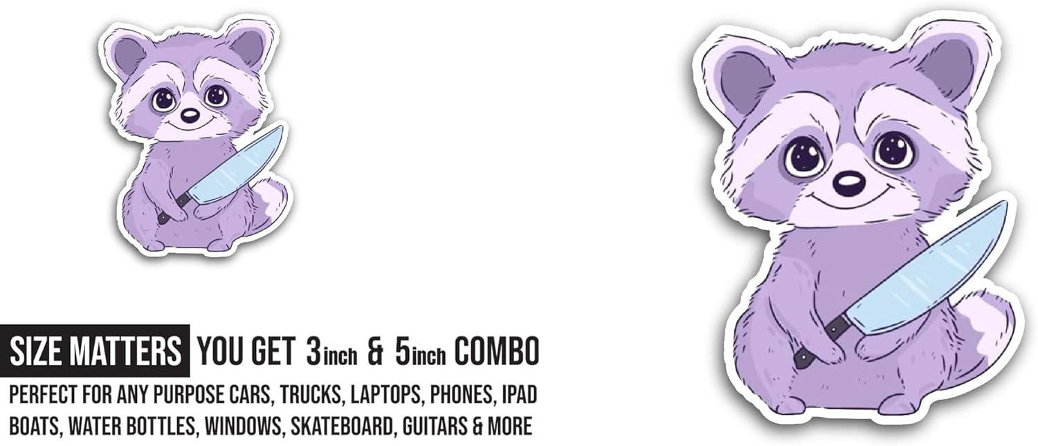 2 (Pieces) 3" and 5" Purple Raccoon Sticker, Waterproof Vinyl Decals for Many Purpose Like Cars, Trucks, Laptops, Phones, Windows and More