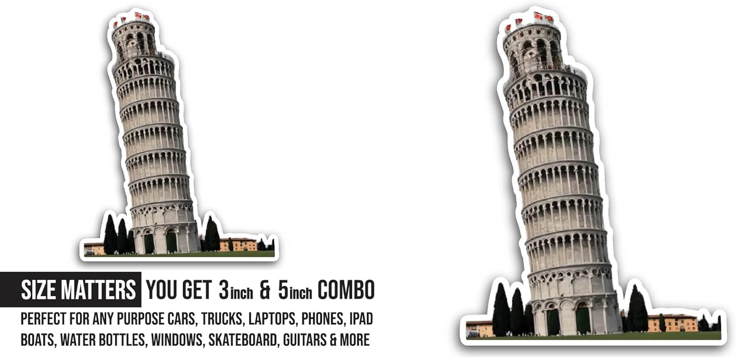 2 (Pieces) 3" and 5" Leaning Tower of Pisa Art Sticker, Waterproof Vinyl Decals for Many Purpose Like Cars, Trucks, Laptops, Phones, Windows and More