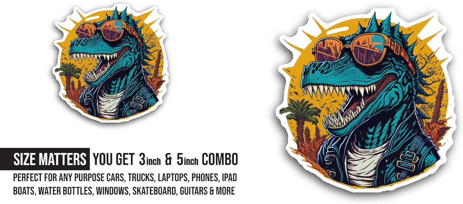 2 (Pieces) 3" and 5" Dinosaur Wearing Sunglasses Sticker, Waterproof Vinyl Decals for Many Purpose Like Cars, Trucks, Laptops, Phones, Windows and More