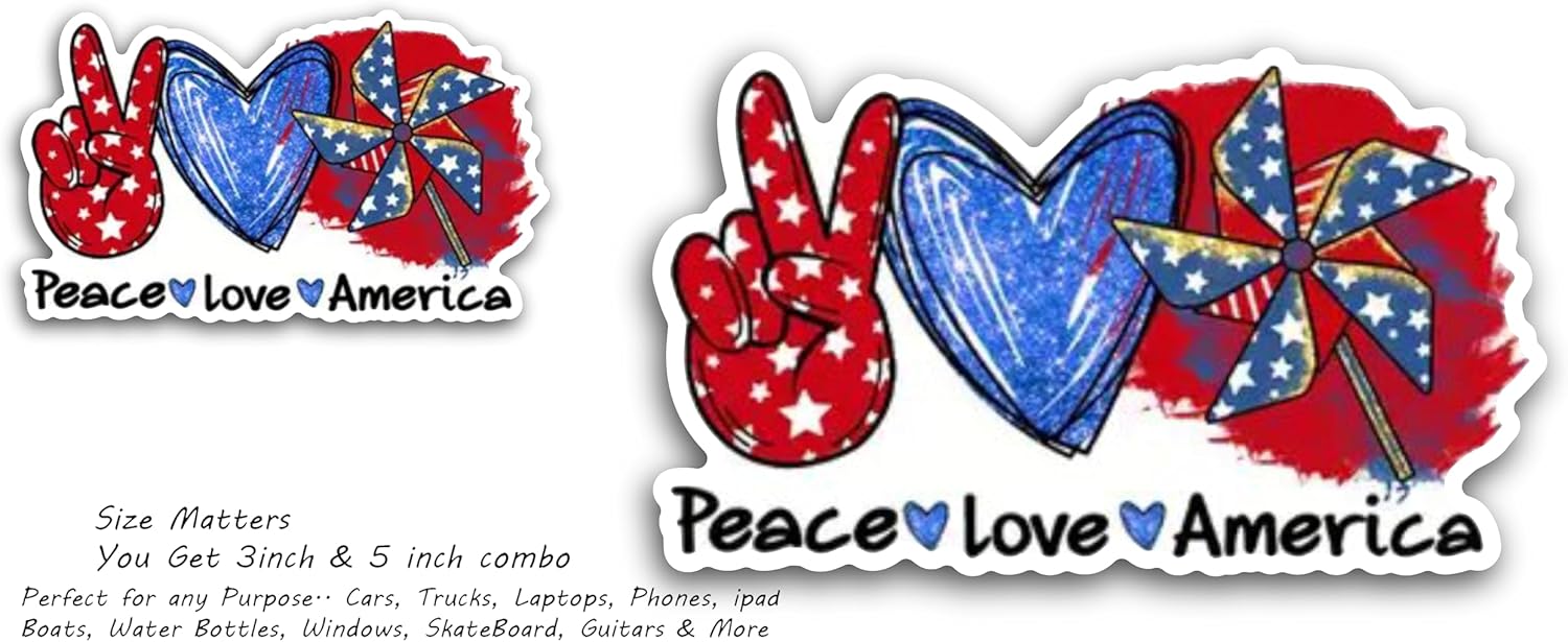 2 (Pieces) 3" and 5" Peace Love America Message Sticker Decal Sticker, Waterproof Vinyl Decals for Many Purpose Like Cars, Trucks, Laptops, Phones, Windows and More