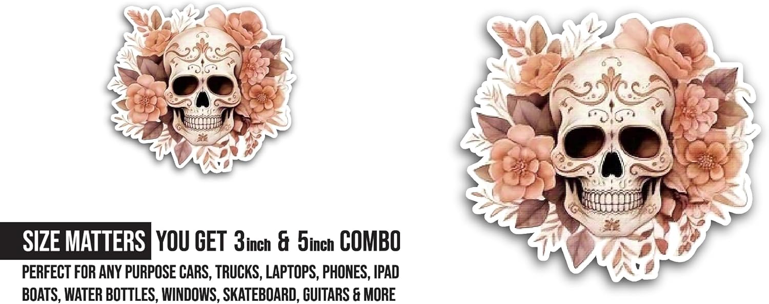 2 (Pieces) 3" and 5" Colored Skull Flowers Sticker, Waterproof Vinyl Decals for Many Purpose Like Cars, Trucks, Laptops, Phones, Windows and More