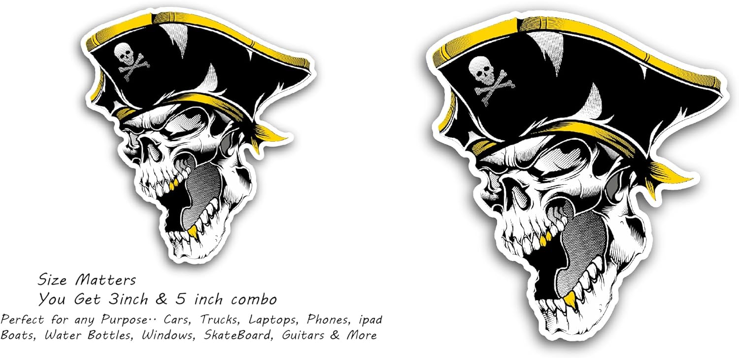 2 (Pieces) 3" and 5" Black Pirate Skull Sticker, Waterproof Vinyl Decals for Many Purpose Like Cars, Trucks, Laptops, Phones, Windows and More