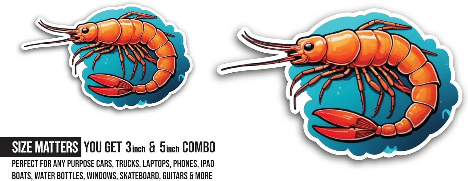 2 (Pieces) 3" and 5" Shrimp Sticker, Waterproof Vinyl Decals for Many Purpose Like Cars, Trucks, Laptops, Phones, Windows and More