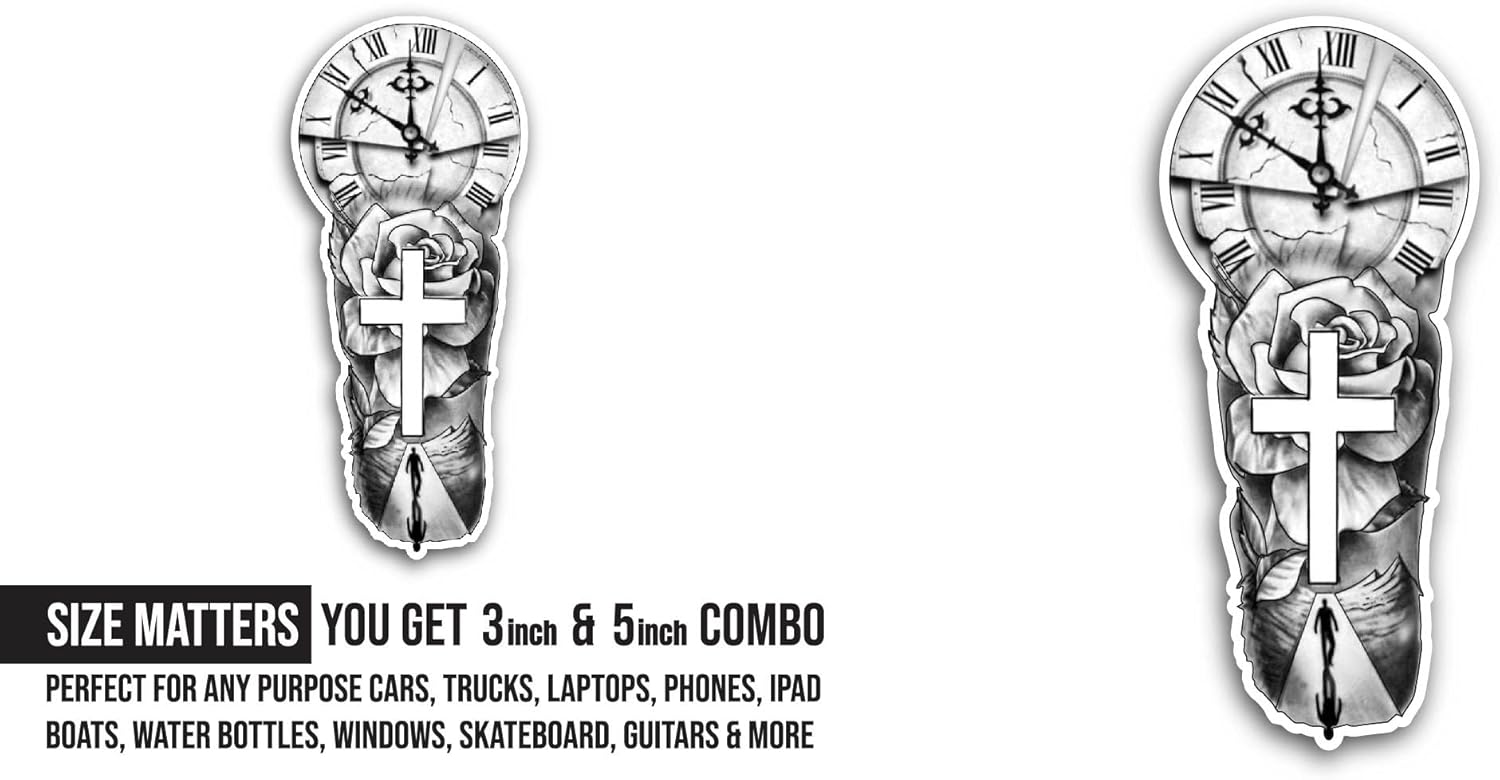 2 (Pieces) 3" and 5" Cross and Rose with Clock Sticker, Waterproof Vinyl Decals for Many Purpose Like Cars, Trucks, Laptops, Phones, Windows and More