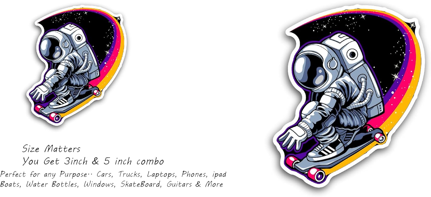 2 (Pieces) 3" and 5" Trippy Astronaut Skating Sticker, Waterproof Vinyl Decals for Many Purpose Like Cars, Trucks, Laptops, Phones, Windows and More
