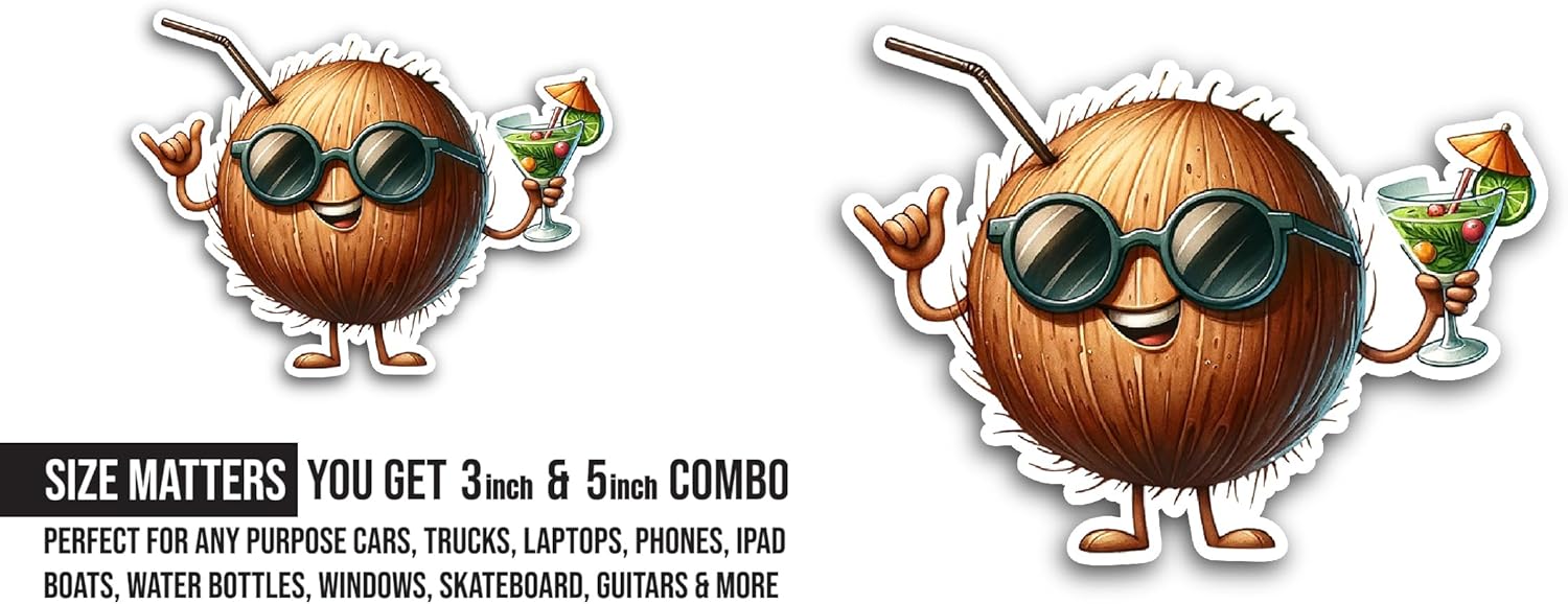 2 (Pieces) 3" and 5" Cartoon Coconut Sticker, Waterproof Vinyl Decals for Many Purpose Like Cars, Trucks, Laptops, Phones, Windows and More