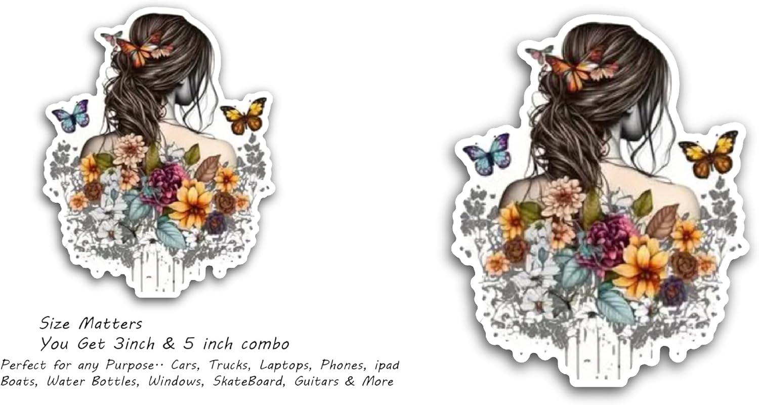 2 (Pieces) 3" and 5" Girl with Flowers and Butterfly Sticker, Waterproof Vinyl Decals for Many Purpose Like Cars, Trucks, Laptops, Phones, Windows and More