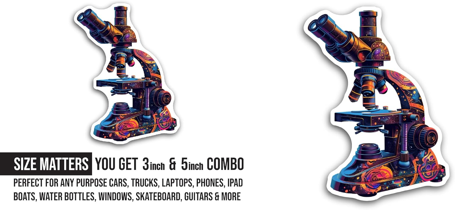 2 (Pieces) 3" and 5" Microscope Sticker, Waterproof Vinyl Decals for Many Purpose Like Cars, Trucks, Laptops, Phones, Windows and More