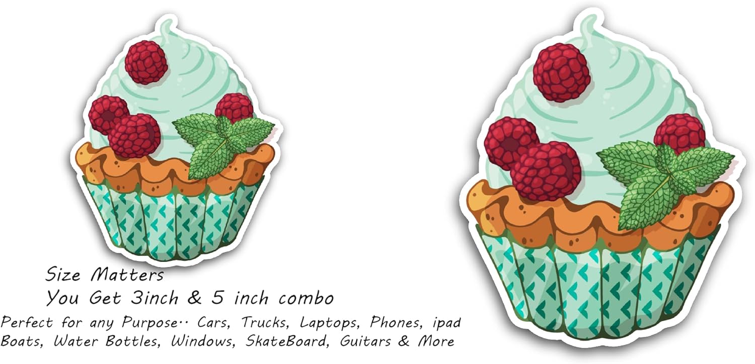 2 (Pieces) 3" and 5" Cupcake with Red Berries Sticker, Waterproof Vinyl Decals for Many Purpose Like Cars, Trucks, Laptops, Phones, Windows and More