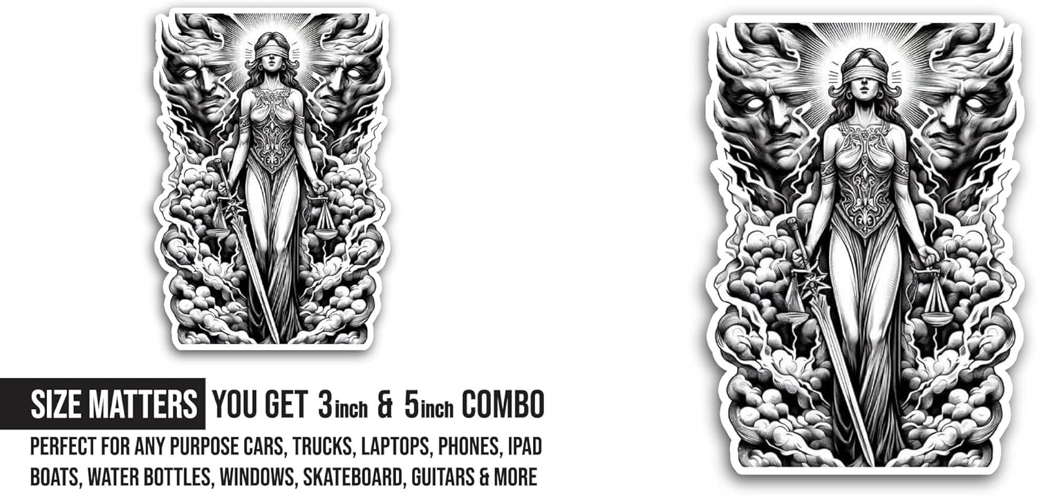 2 (Pieces) 3" and 5" Lady Justice with Sword Sticker, Waterproof Vinyl Decals for Many Purpose Like Cars, Trucks, Laptops, Phones, Windows and More