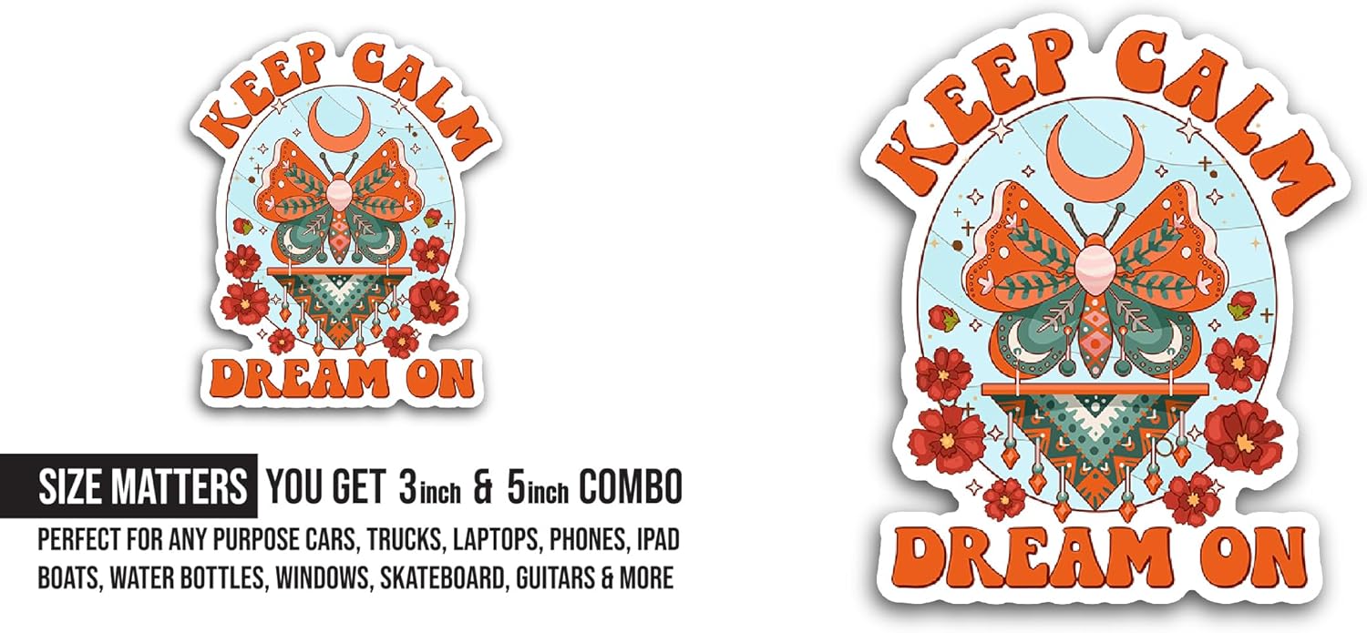 2 (Pieces) 3" and 5" Keep Calm Dream on Sticker, Waterproof Vinyl Decals for Many Purpose Like Cars, Trucks, Laptops, Phones, Windows and More