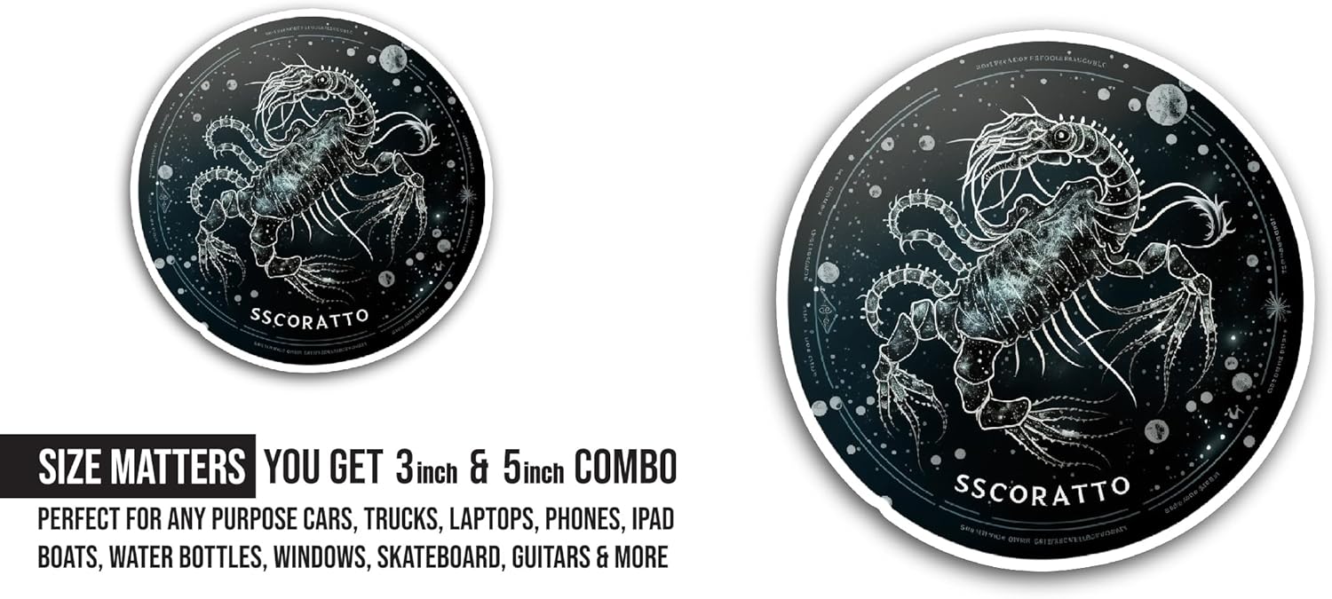 2 (Pieces) 3" and 5" Zodiak Sign Scorpio Text Sticker, Waterproof Vinyl Decals for Many Purpose Like Cars, Trucks, Laptops, Phones, Windows and More