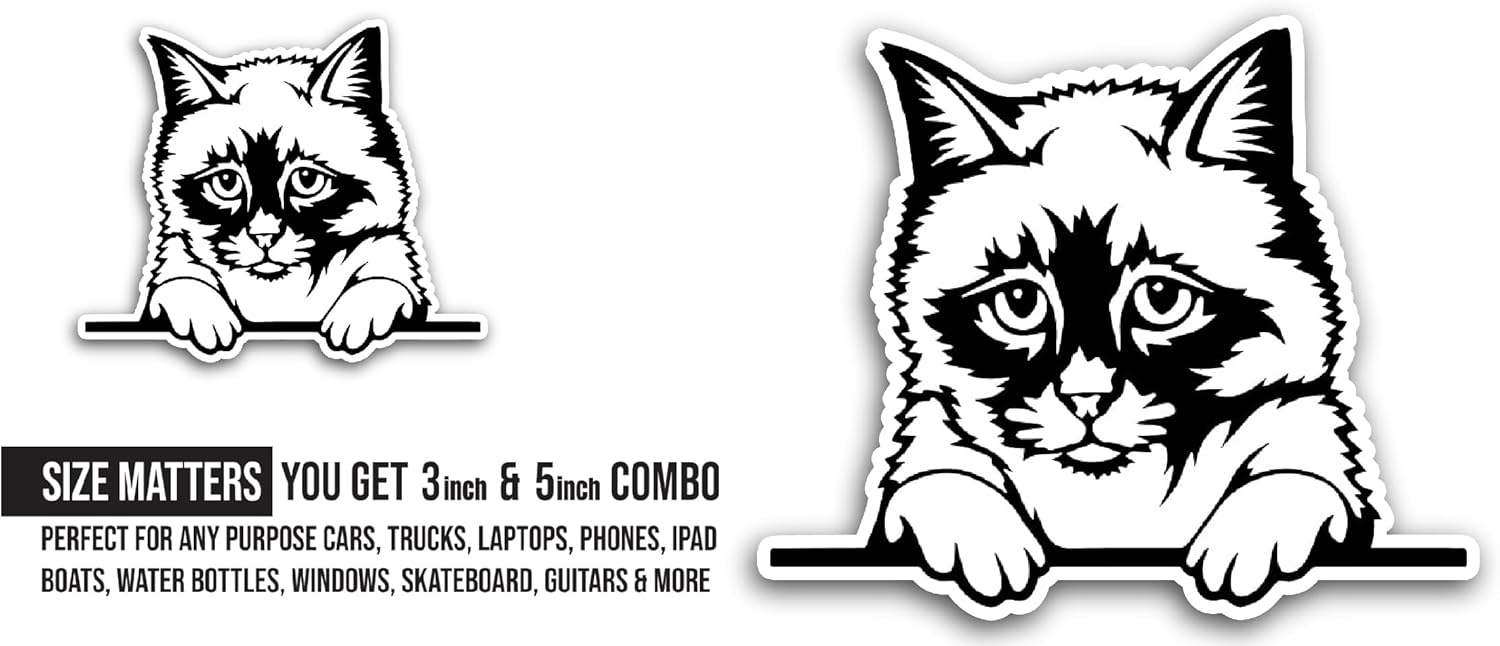 2 (Pieces) 3" and 5" Cute Cat Sticker, Waterproof Vinyl Decals for Many Purpose Like Cars, Trucks, Laptops, Phones, Windows and More