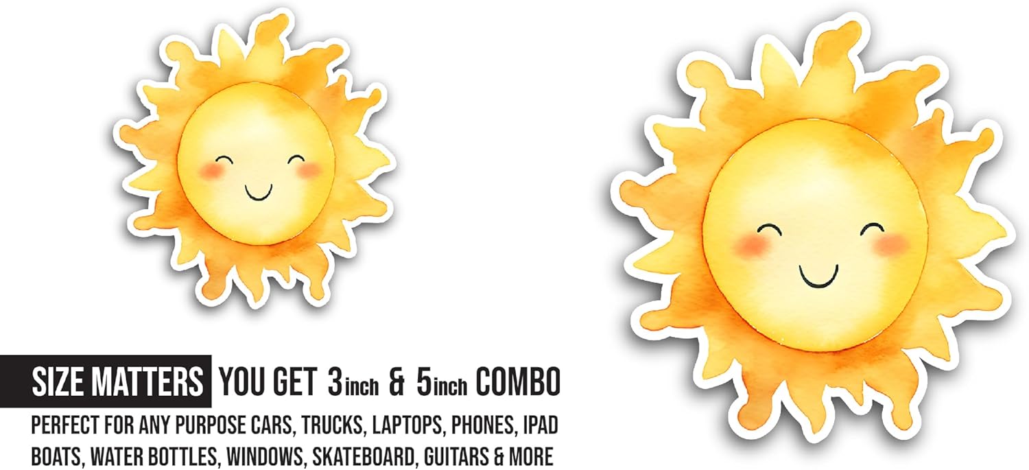 2 (Pieces) 3" and 5" Sun with A Smile Sticker, Waterproof Vinyl Decals for Many Purpose Like Cars, Trucks, Laptops, Phones, Windows and More