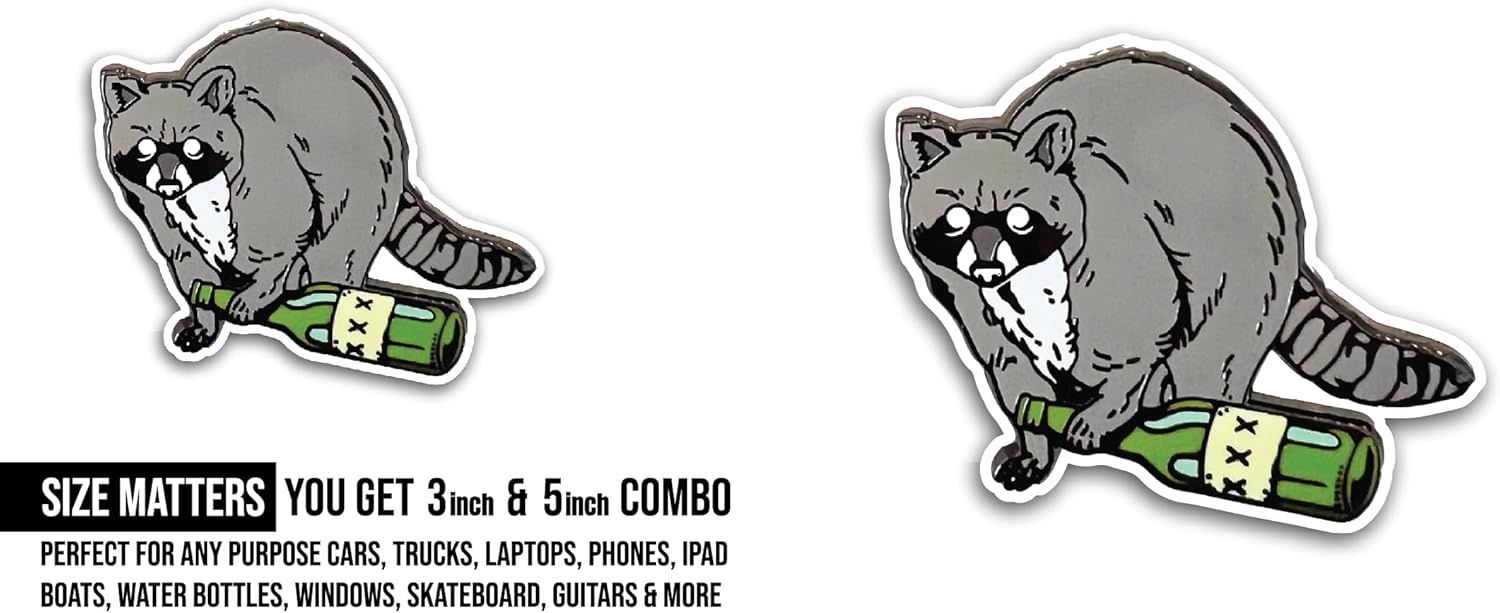 2 (Pieces) 3" and 5" Raccoon with Beer Sticker, Waterproof Vinyl Decals for Many Purpose Like Cars, Trucks, Laptops, Phones, Windows and More